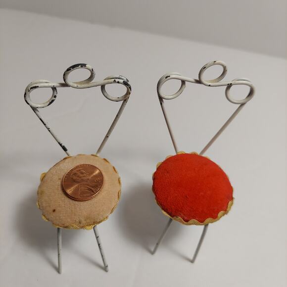 Antique Metal Chairs Japan Miniature Dollhouse Tan Red Sewing Pin Cushion Pair - Picture 5 of 8